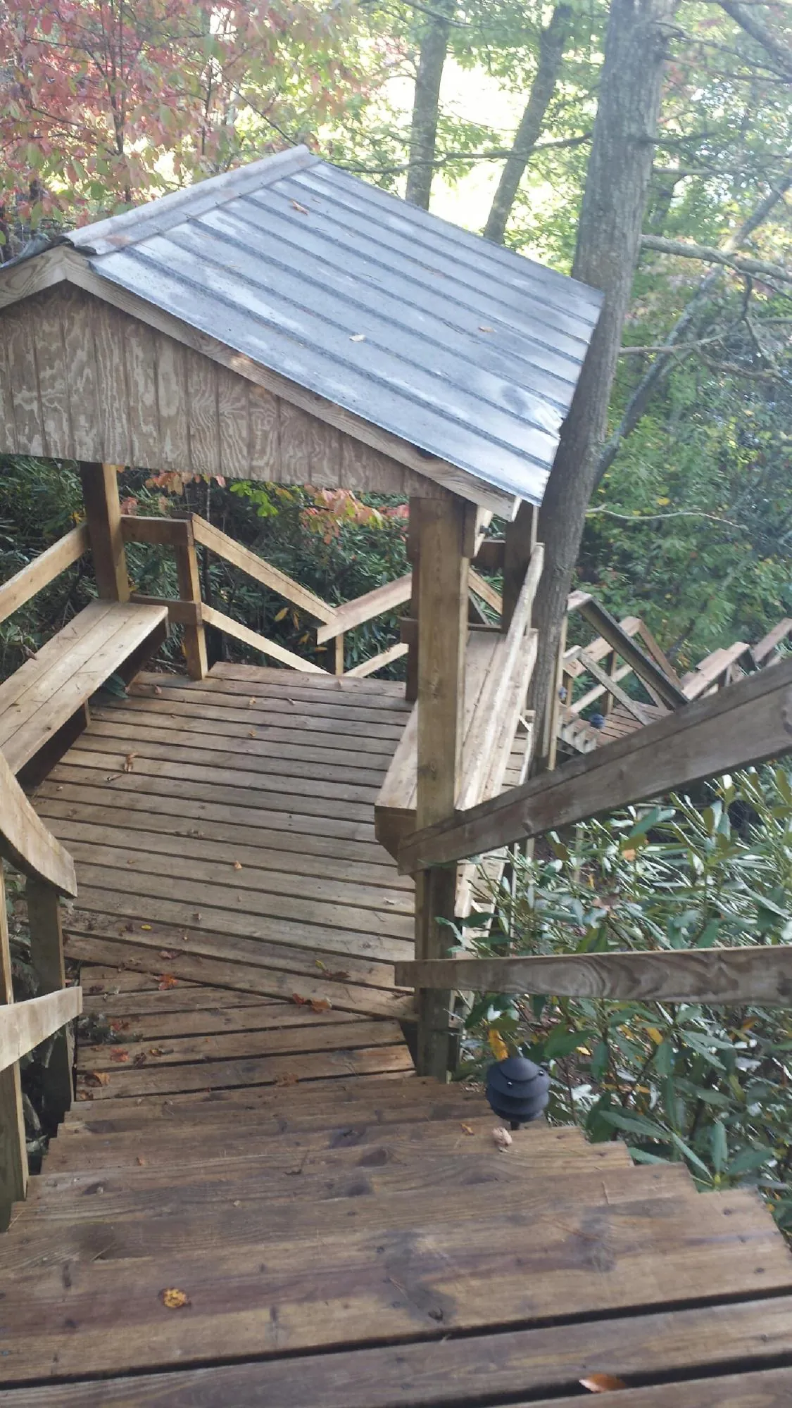 Metal roofed shelter over wooden steps on a wooded walkway — Skylight Repair & Installation work by our crew in Hemet